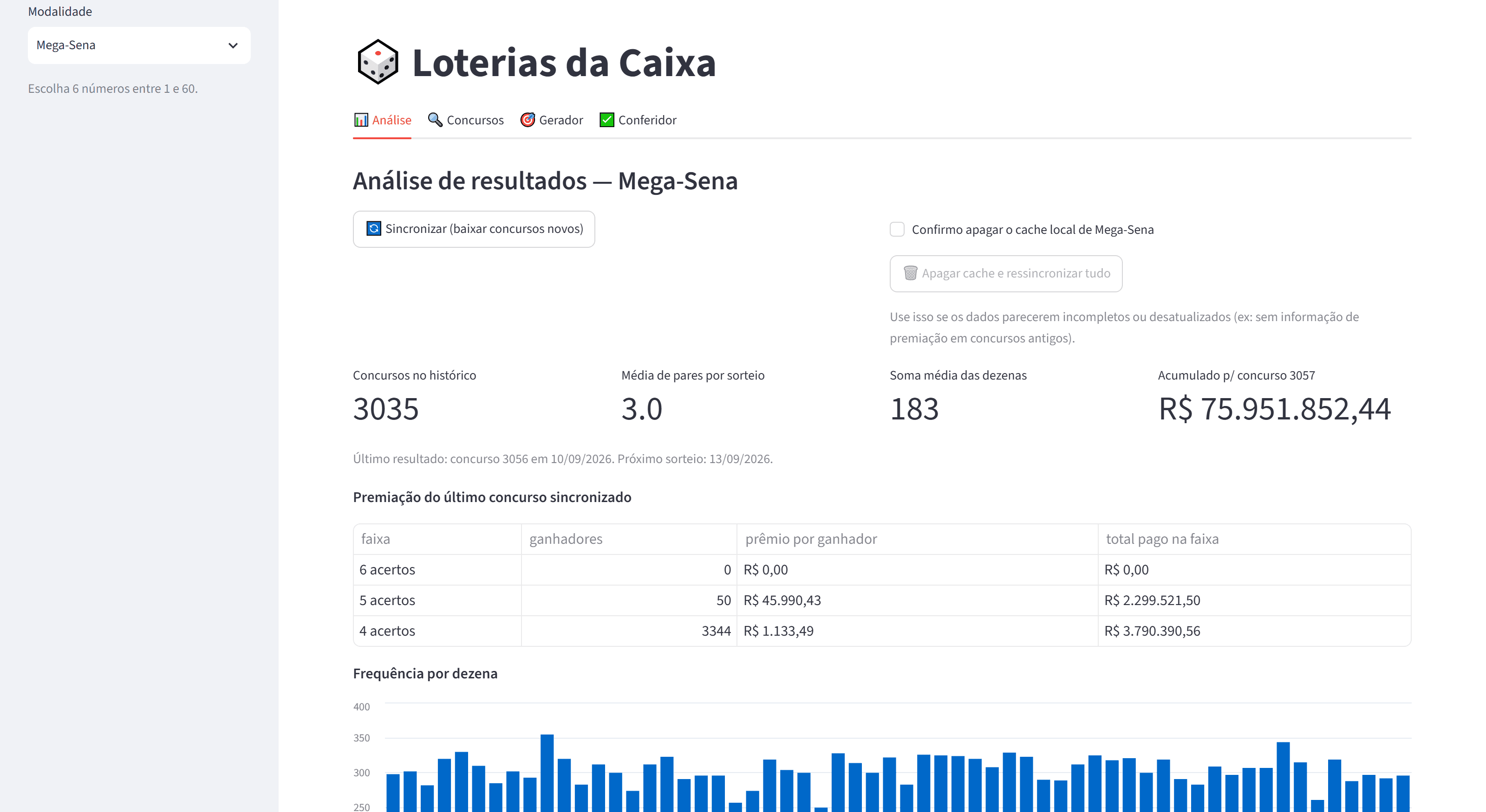 Lottery Analyzer overview with contest count, last jackpot and prize tiers