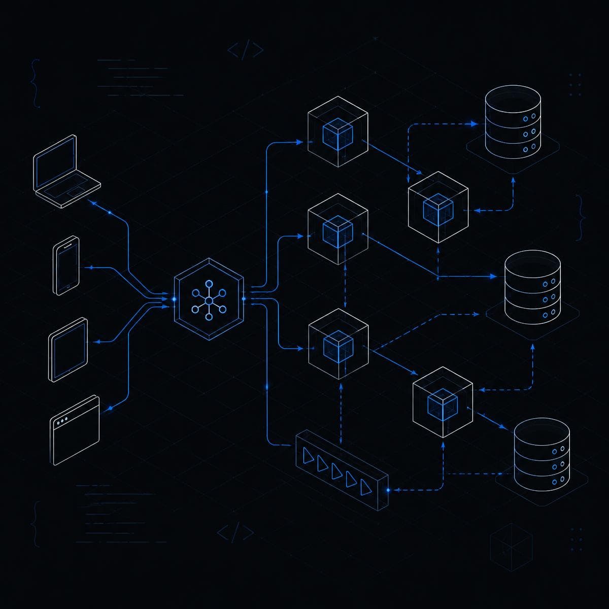 Line diagram of a distributed backend: clients, an API gateway, services, a queue and databases